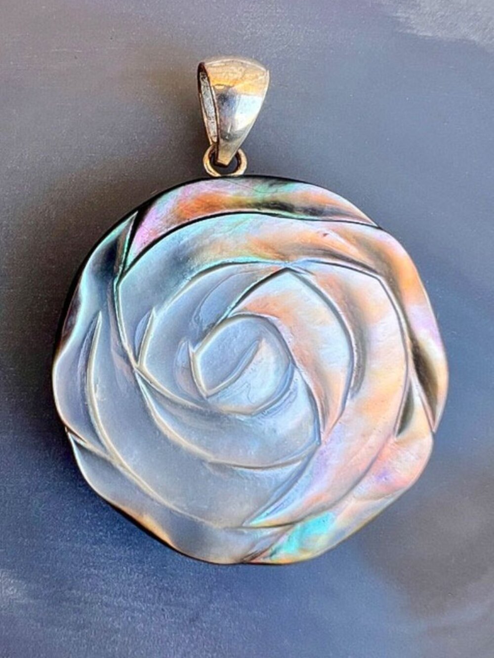 Iridescent Carved Shell Rose Pendant Necklace - Picture 3 of 7